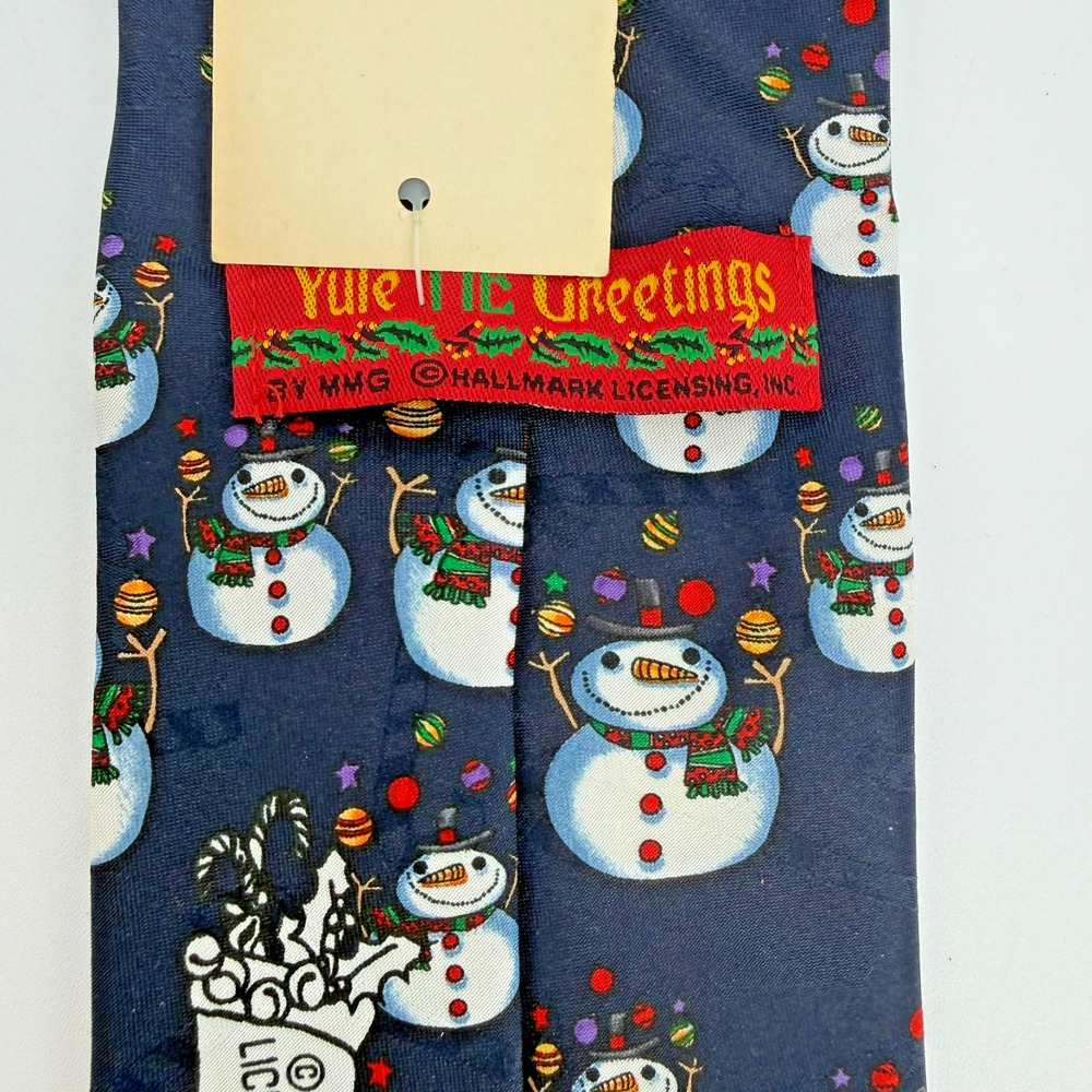 Vintage Hallmark Christmas Tie Snowman Holiday Necktie Blue 1990 Made USA NEW - Picture 7 of 11